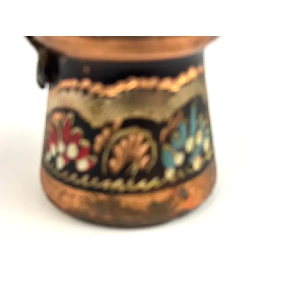 Vintage Turkish Hand Painted Copper Coffee Pot Kettle Decor Cezve Wooden Handle‎